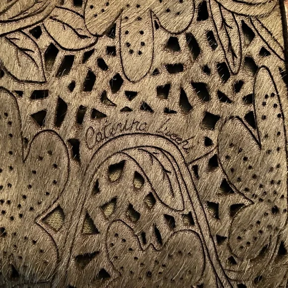 Brown Laser Cut Calf Hair Floral Patterned Tote Bag with Leather Handles - Picture 4 of 6